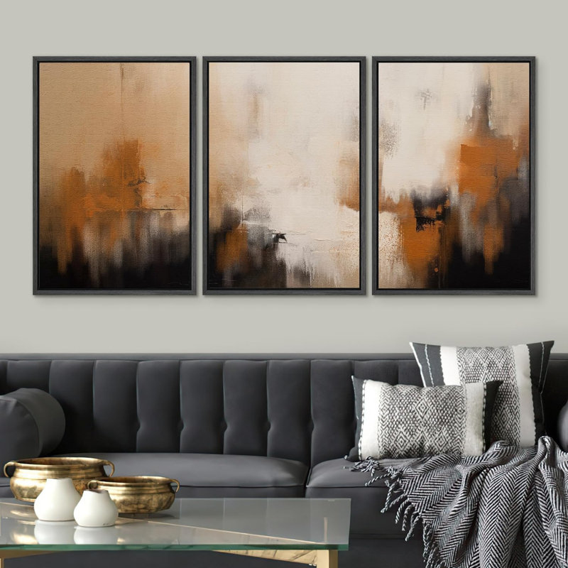 Motif de coups de peinture noir et orange, impression sur toile, 3 pièces, Noir, H 36 po x l 72 po x P 1,5 po