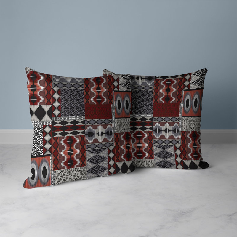 Red and Gray Patchwork Faux Suede Throw Pillow 16" x 16"
