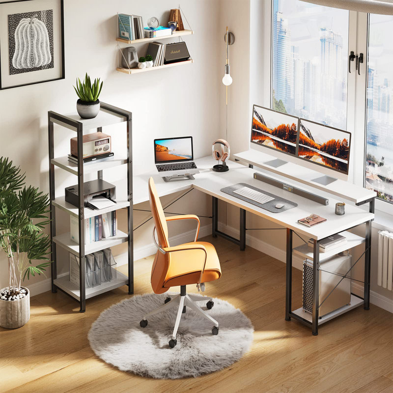 Galini L-Shaped Metal Base Writing Desk, White