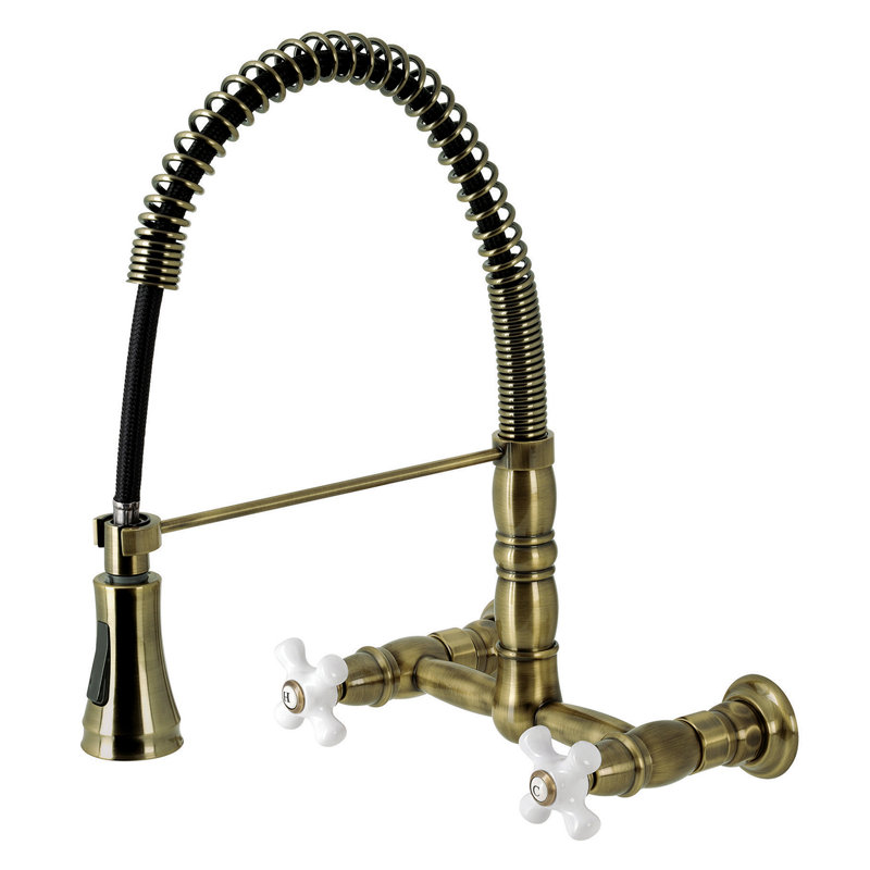 Kingston Brass Heritage Double-Handle 2-Hole Wall-Mount Pre-Rinse Bridge Kitchen Faucet, Antique Brass, Knob/Cross handle