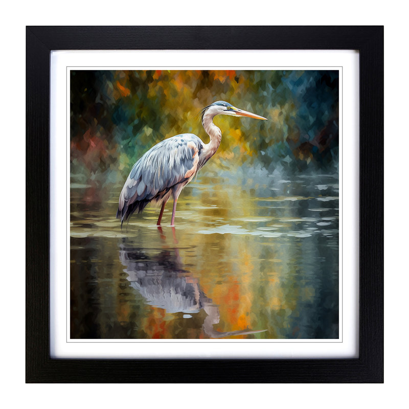 Heron Impressionism - Single Picture Frame Print on Wood, Black
