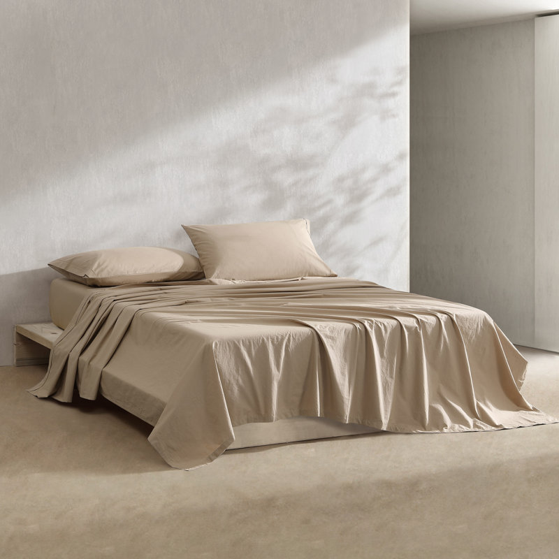 Calvin Klein Washed Cotton Percale Sheet Set, Queen Sheet Set with 2 Pillowcases, Camel Brown