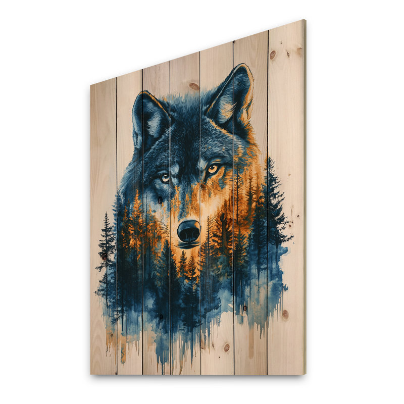 Loup doré dans un paysage de forêt bleue III - Décoration murale animal en bois de loup - sur bois de pin naturel