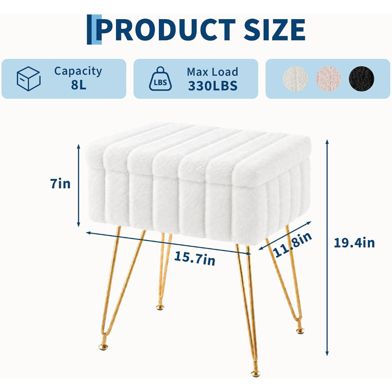 Tabouret de coiffeuse avec rangement, Blanc, Fourrure