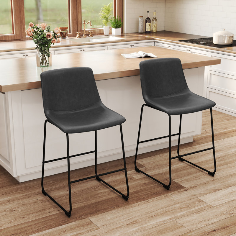  Tabouret de comptoir en cuir synthétique moderne de 25,4 po de hauteur avec pieds et repose-pieds en métal, Gris, 2