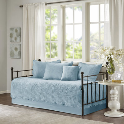 Housse de lit de jour bleue de 6 pouces - Bord festonné, 100 % microfibre, garnissage en mélange de coton, style rustique, convient aux matelas simples, lavable à la machine, nettoyage localisé uniquement avec de la microfibre et du coton, 90 % 10 % autres fibres, 43 cm (17 pouces)