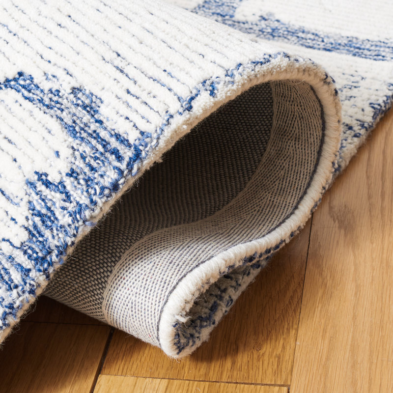 Tapis bleu / ivoire en laine / coton touffeté à la main Martha Stewart, Rectangulaire 8 pi x 10 pi