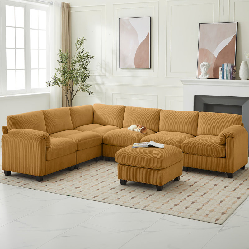 7-Piece Upholstered Corduroy Sectional, Yellow