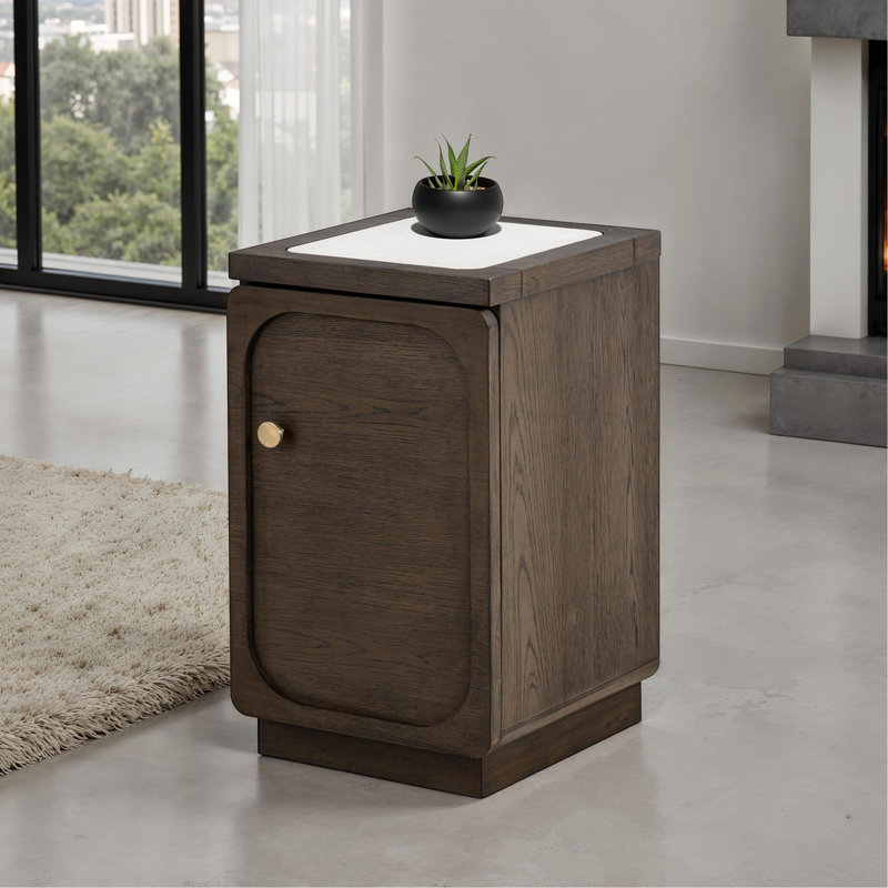 Transitional Style 1pc Side Table Quartz Stone Top Gold Knob USB Port Dark Walnut Finish Primary Living Room