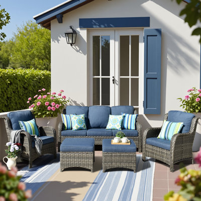 5-Piece Grey Wicker Patio Conversation Set with Navy Blue Cushions, Outdoor Sectional Sofa with Armchairs & Ottomans, Weather-Resistant Rattan Furniture with Optional Fire Pit Table for Patio Balcony