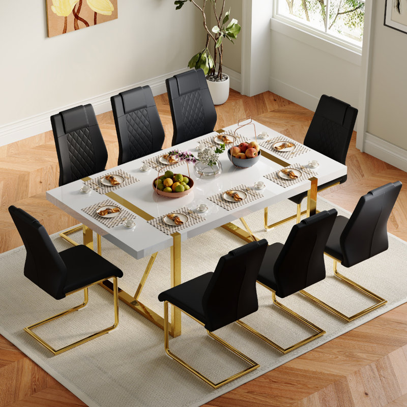 Neithen 8 - Person Dining Set, Modern Rectangular Dining Table Set with 8 Luxury Faux Leather Dining Chairs, Black/Gold, Gold