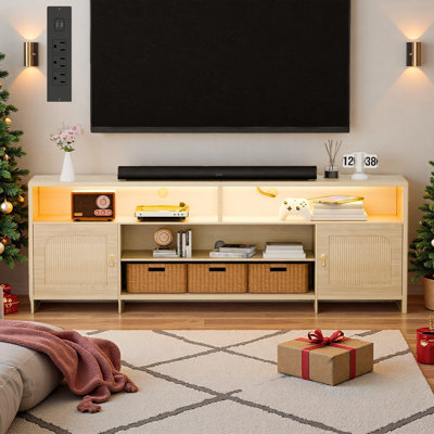 70.1“ W Modern Fluted TV Stand For TVs Up To 80" With LED Light And Charging Station, Wood Media Console Table with Sound Bar Shelfves, Multimedia Storage Furniture With Cabinets and Open Storage