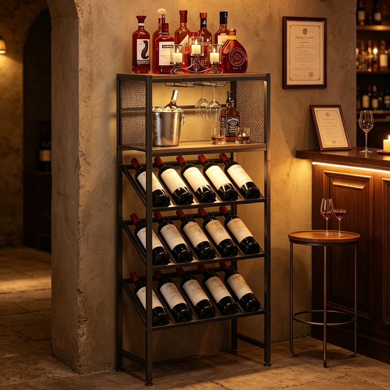 Support à vin autoportant avec porte-verre et tablettes de rangement, armoire à vin de plancher peu encombrante pour la cuisine, le salon et le bar personnel, conception en bois brun robuste