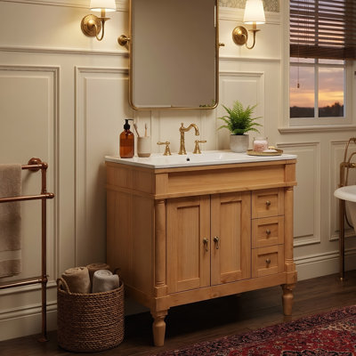Meuble-lavabo moderne minimaliste en bois massif de 30 po avec lavabo en céramique, 3 tiroirs et tablette réglable en forme de U (bois)