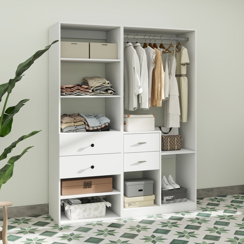 Système d'organisation Aliaha avec tiroirs et tringles de suspension, garde-robe ouverte