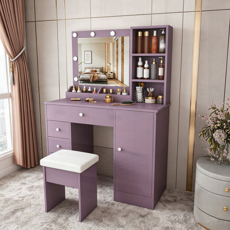 Ensemble de bureau de coiffeuse élégant avec tabouret rembourré et miroir lumineux réglable, parfait pour les chambres modernes et les petits espaces