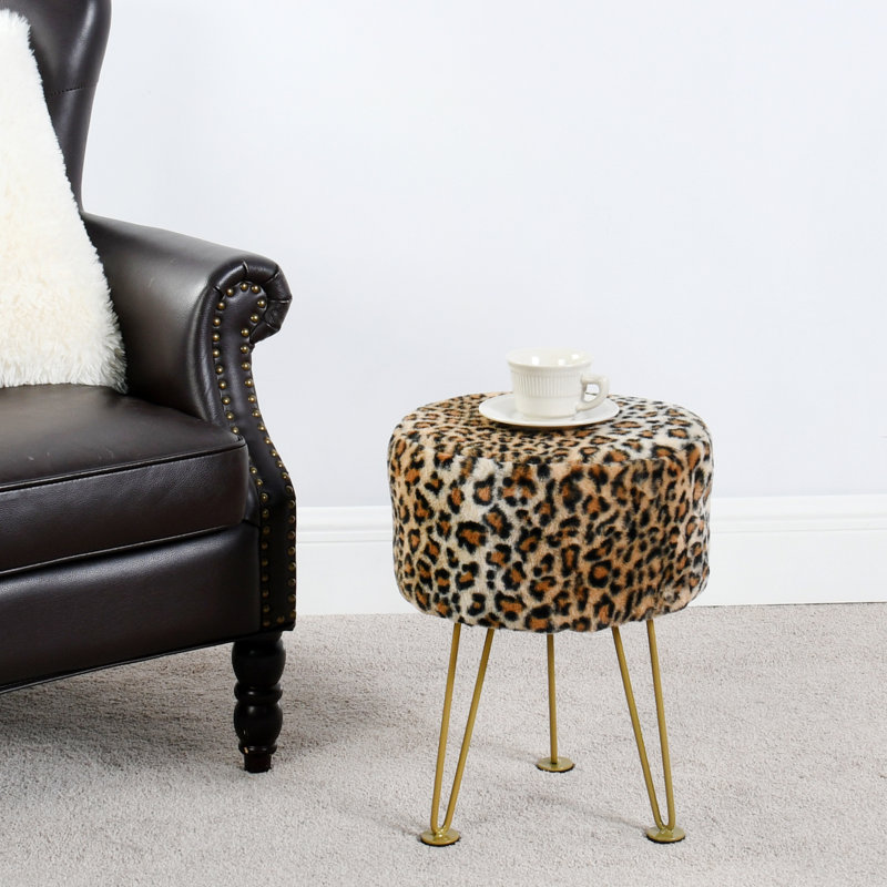33cm Wide Round Animal Print Standard Ottoman, Brown/Black Faux Fur
