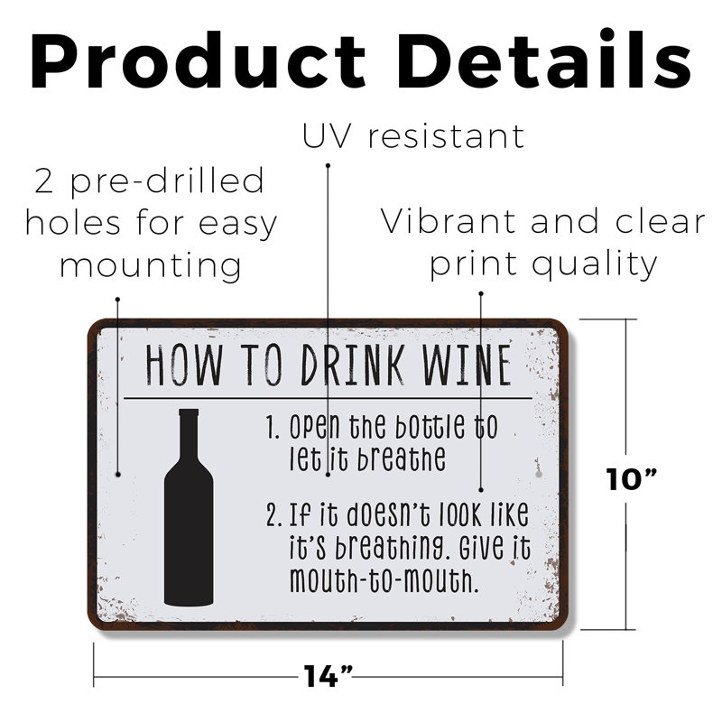 Enseigne en plastique «How To Drink Wine» 10 po x 14 po, H 10 po x l 14 po x P 0,1 po