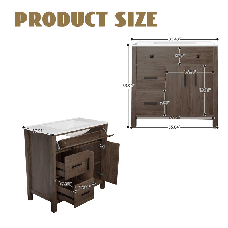 Meuble-lavabo simple 36 po avec plateau en résine et lavabo sur pied, Marron foncé