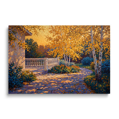 Reproduction sur toile d'un tableau représentant un chemin de jardin en bouleaux dorés - 50 x 75 cm