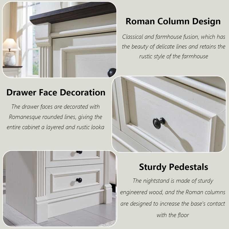 Burlington 26" Tall Nightstand with Charging Station, Farmhouse 23.6" Wide Large End Table w/Roman Column, 2