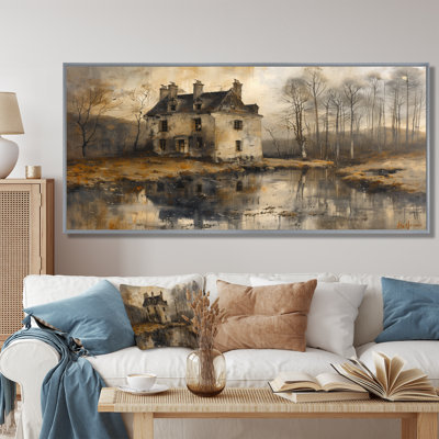 Grey Black Rustic Caslte By The Lake II - Chateaus Wall Decor