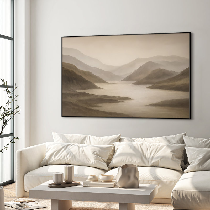 Extra Large Wall Art Fabric Print - Modern Neutral Abstract Landscape for Contemporary Home Artwork Decor for Living Room or Bedroom - "Frame Assembly Required (Unfinished Frame)"