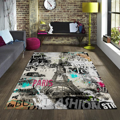 Tapis noir / rose / vert en polyester tissé à la machine Ashanjali