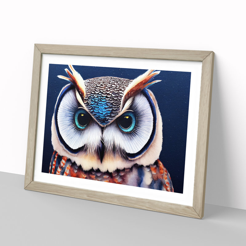 Watercolour Long Eared Owl - Single Picture Frame Print, 34cm H x 46cm W x 2cm D, Oak