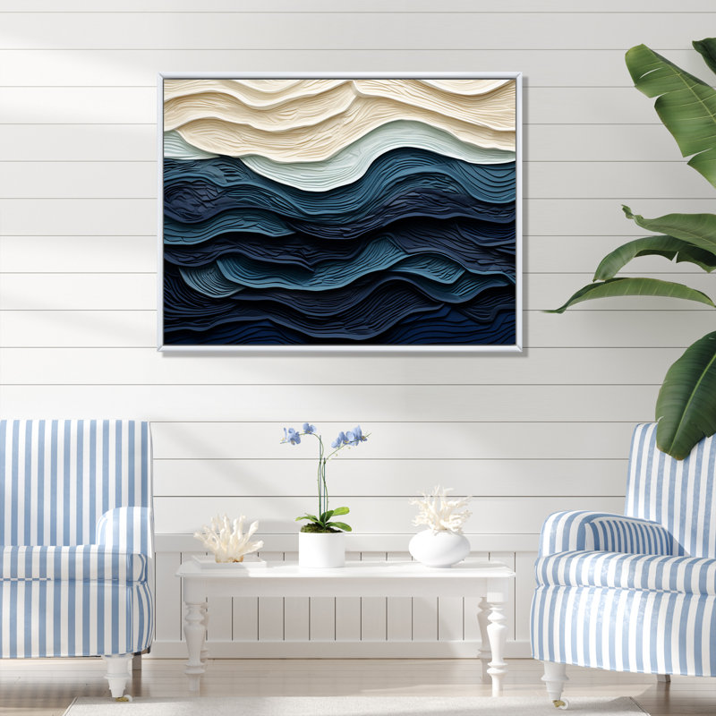 «Blue and White Coastal Waves», impression murale abstraite sur toile côtière, Blanc, H 34 po x l 44 po