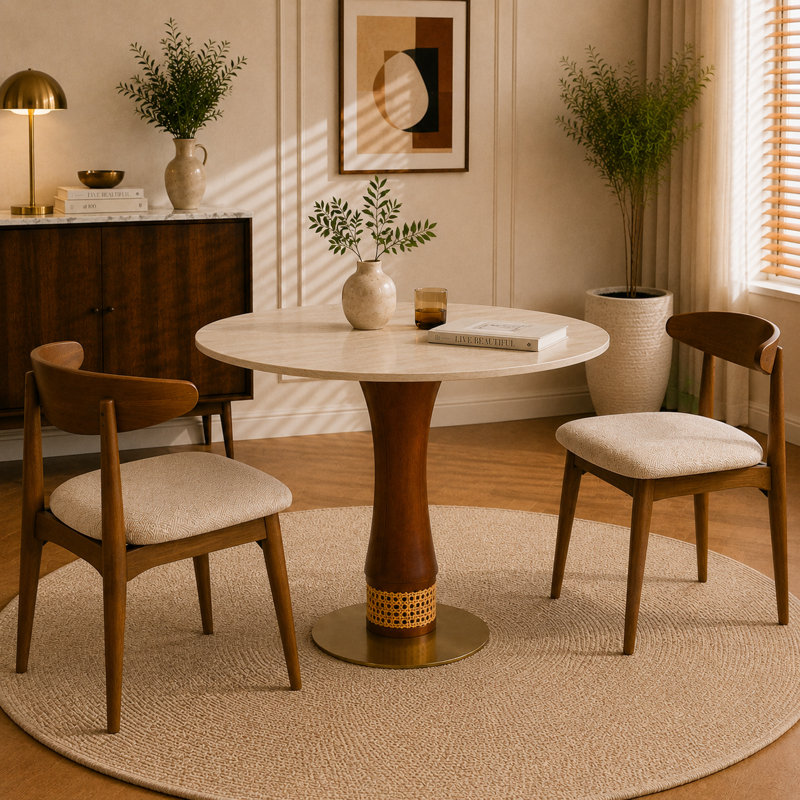 Table de salle à manger ronde de 85 cm (33,5 po) en pierre frittée et pieds en bois d'hévéa, piétement design en bois d'hévéa avec accents en osier tressé à la main et base en acier inoxydable pour cuisine, appartement et bistrot