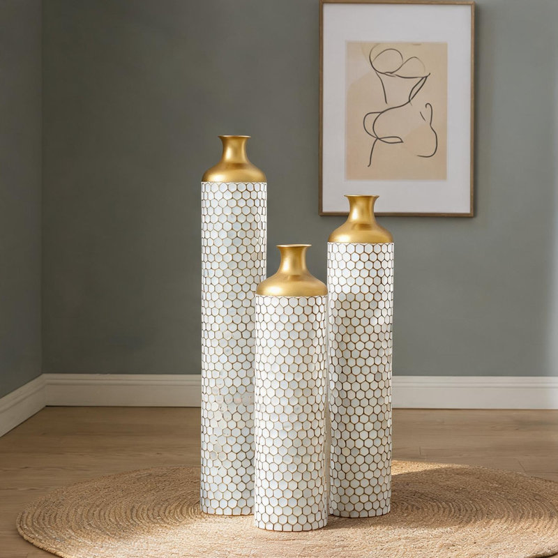 Ensemble de 3 vases de sol en métal blanc avec accents dorés, grand cylindre de décoration intérieure pour le salon