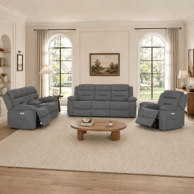 Ensemble de salon inclinable électrique en tissu 3 pièces avec ports de chargement USB et Type-C et console centrale