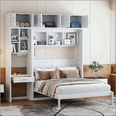 Wall Murphy Bed With Desk, Top Cabinet And Storage Shelves, Space Saving Foldable Bed