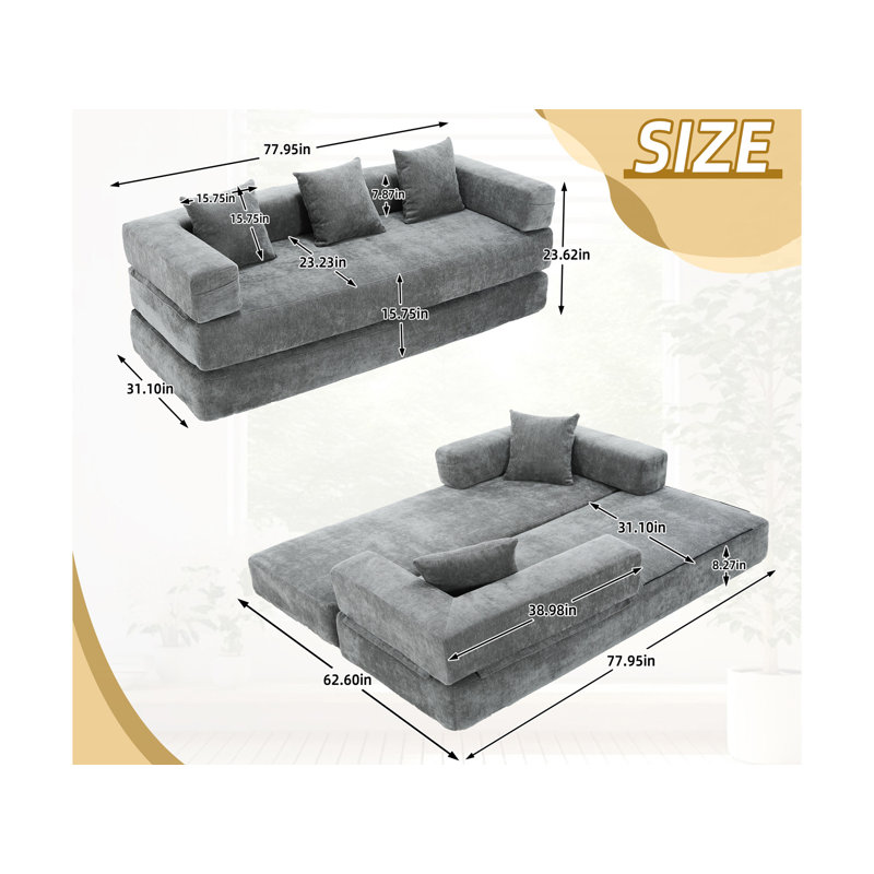 Convertible Sleeper Sofa, Foldable Floor Couch No Assembly, Gray
