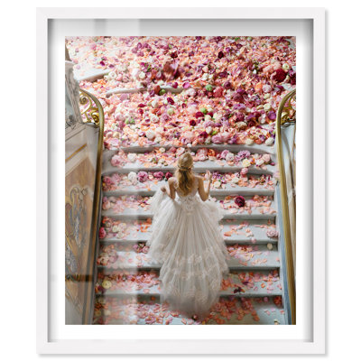 Floral Stairs White Gown Shadowbox Print Coastal Wall Decor by Notoriart, White Frame, 31"H x 25"W