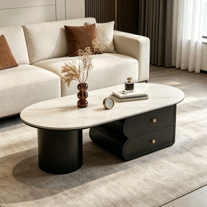 Table basse avec tiroir Luxury Rock, H 15,74 po x L 39,37 po x l 21,65 po, Blanc / Gris