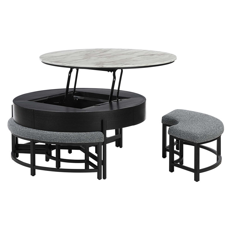 Table basse contemporaine avec rangement relevable et tabourets inclus, Gris ; noir