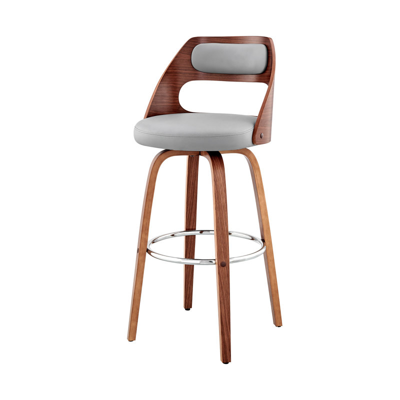 Chaise de bar pivotante en similicuir et bois manufacturé, Siège gris / cadre brun