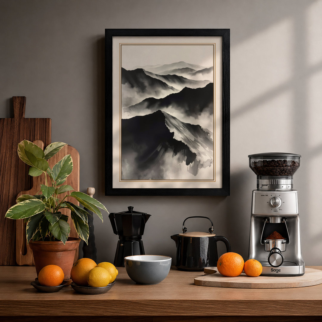 Misty Mountain Peaks Japandi - Framed Print