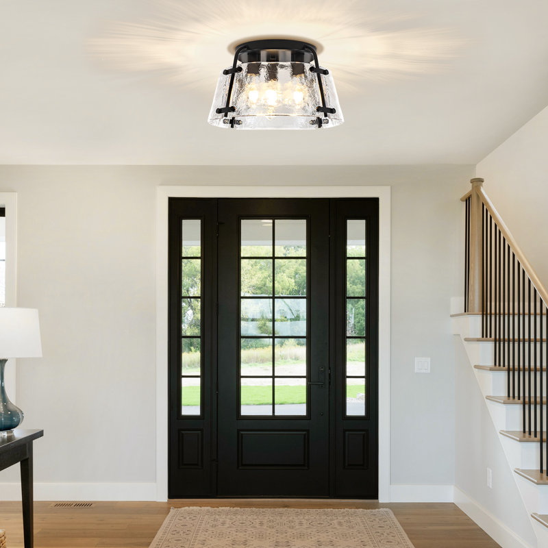 3 - Light Black Modern Trapezoid Semi-Flush Mount With Clear Hammered Glass For Kitchen Bedroom Entryway Hallway