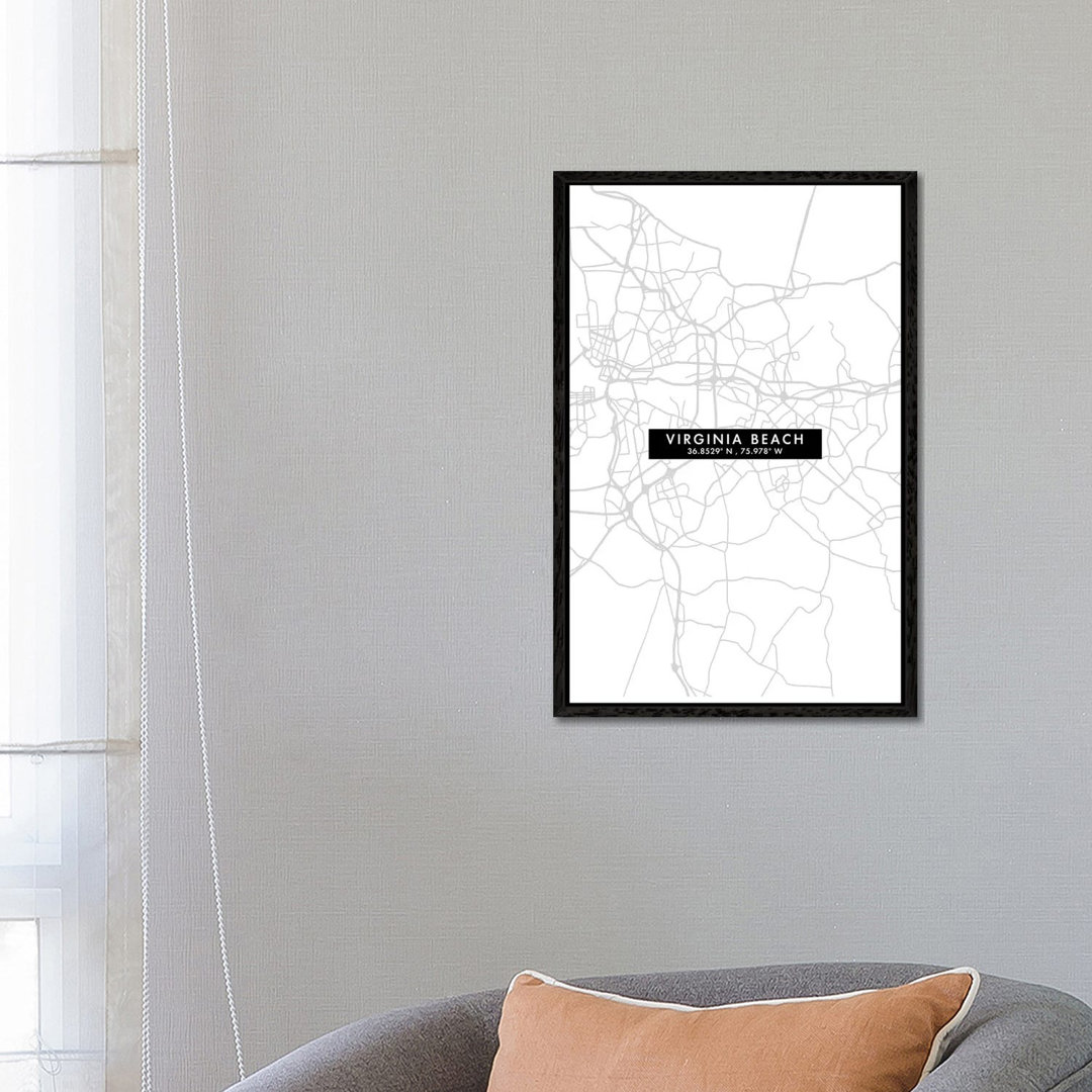 Virginia Beach Stadtplan Minimal Style von WallDecorAddict - Galerie-umwickelte Leinwand Giclée auf Leinwand