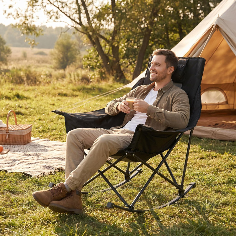 Chaise berçante de camping, chaise berçante pliante portative, fauteuil inclinable d'extérieur rembourré robuste avec porte-gobelet et poche