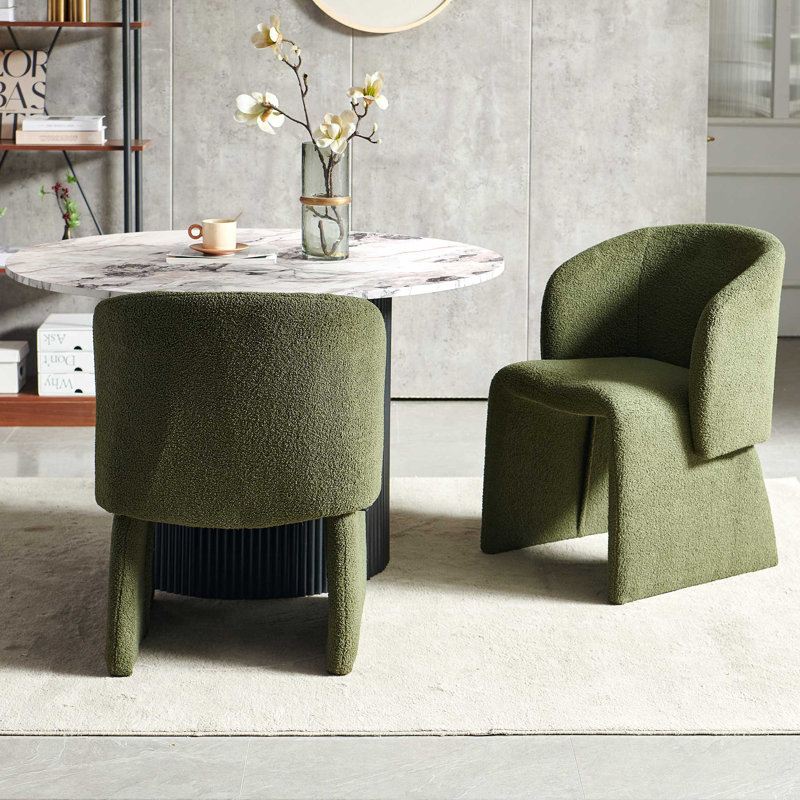 3-Piece Dining Table Set, Wood Top, Faux Fur Armchairs, White Marble, Black, Green
