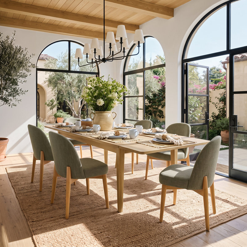 Ensemble de salle à manger extensible en bois naturel avec 6 chaises rembourrées, Vert