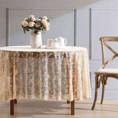 Winston Porter Marlow Floral Lace Fabric Tablecloth, Lace Fabric Table Cloth for Round Tables, Wrinkle Resistant Tablecloth, Patterned Scalloped Tablecloth (90 Round)