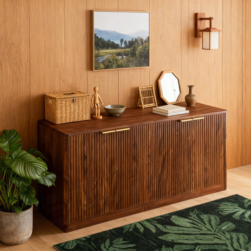 Armoire de rangement ondulée à 4 portes, Noyer, H 27,7 po x l 59 po x P 15,7 po