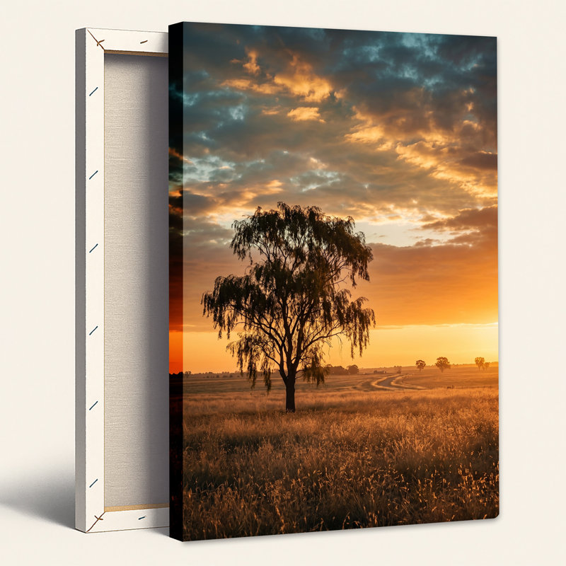 Art mural en forme de silhouettes d'arbres sous un coucher de soleil doré, H 36 po x l 24 po