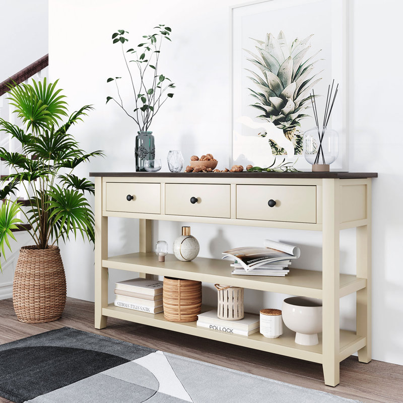 Console rétro avec deux tablettes ouvertes, Beige