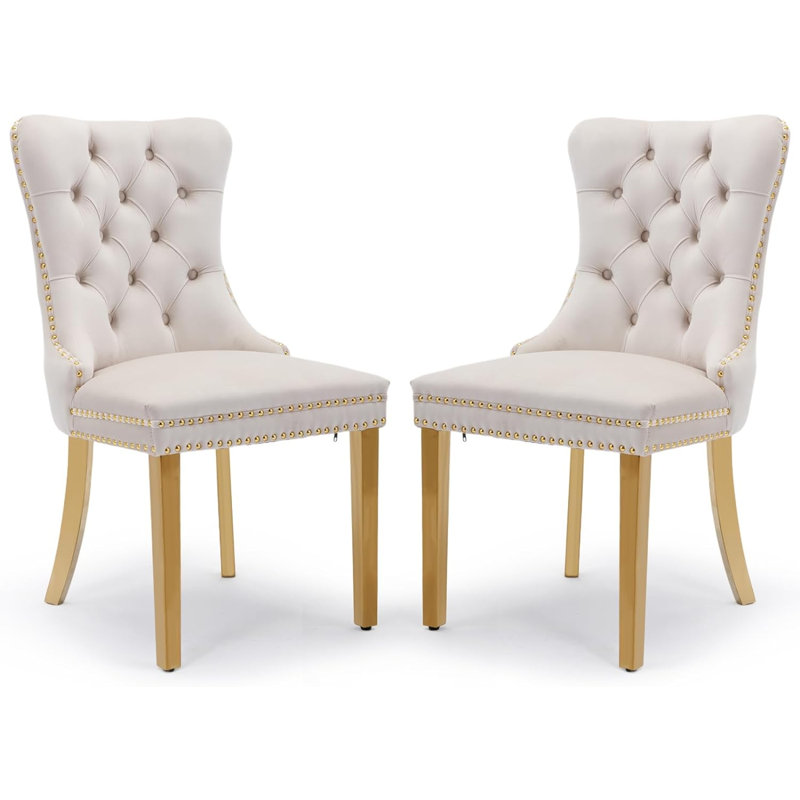 Jaqua Velvet Dining Chair Tufted Dining Room Side Chair with Solid Gold Plated Leg (Set of 2), Beige